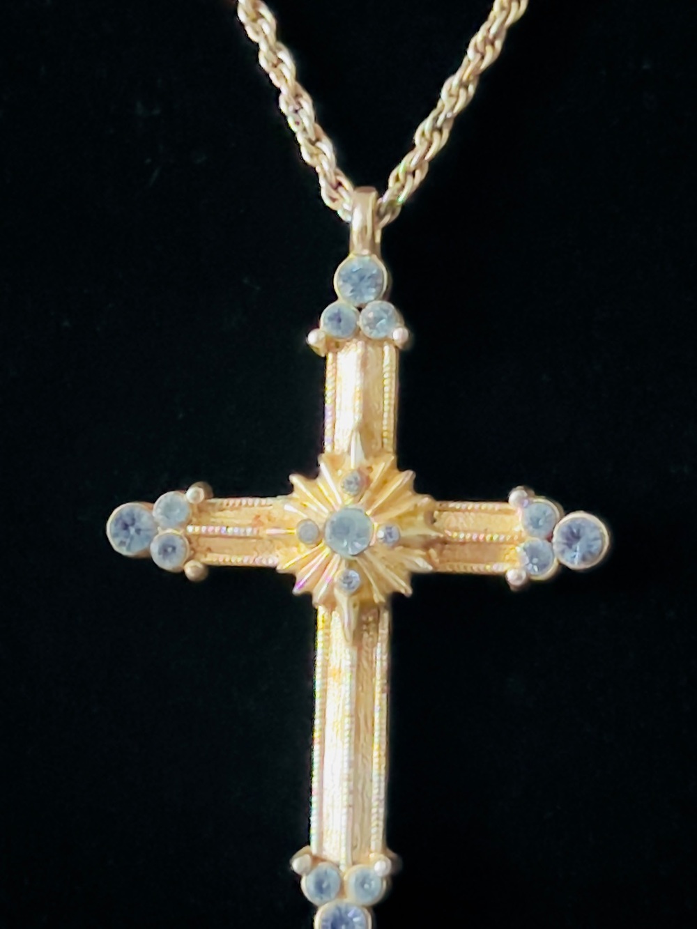 The Vatican Library Collection Gold Tone Blue Rhinestone Crucifix Necklace